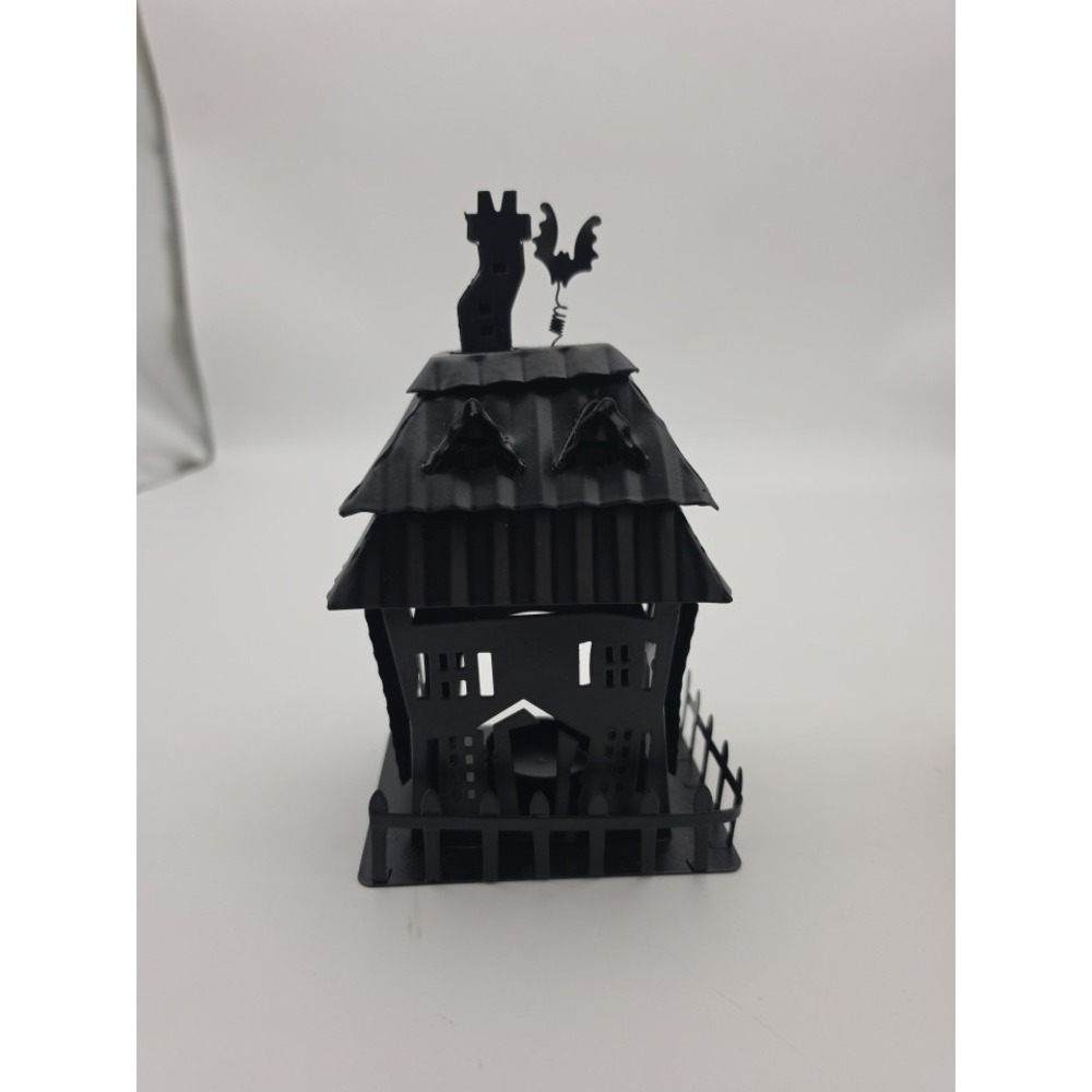 Vtg Nos HALLOWEEN Black Metal Haunted House Candle Lantern Holder Tea Light
